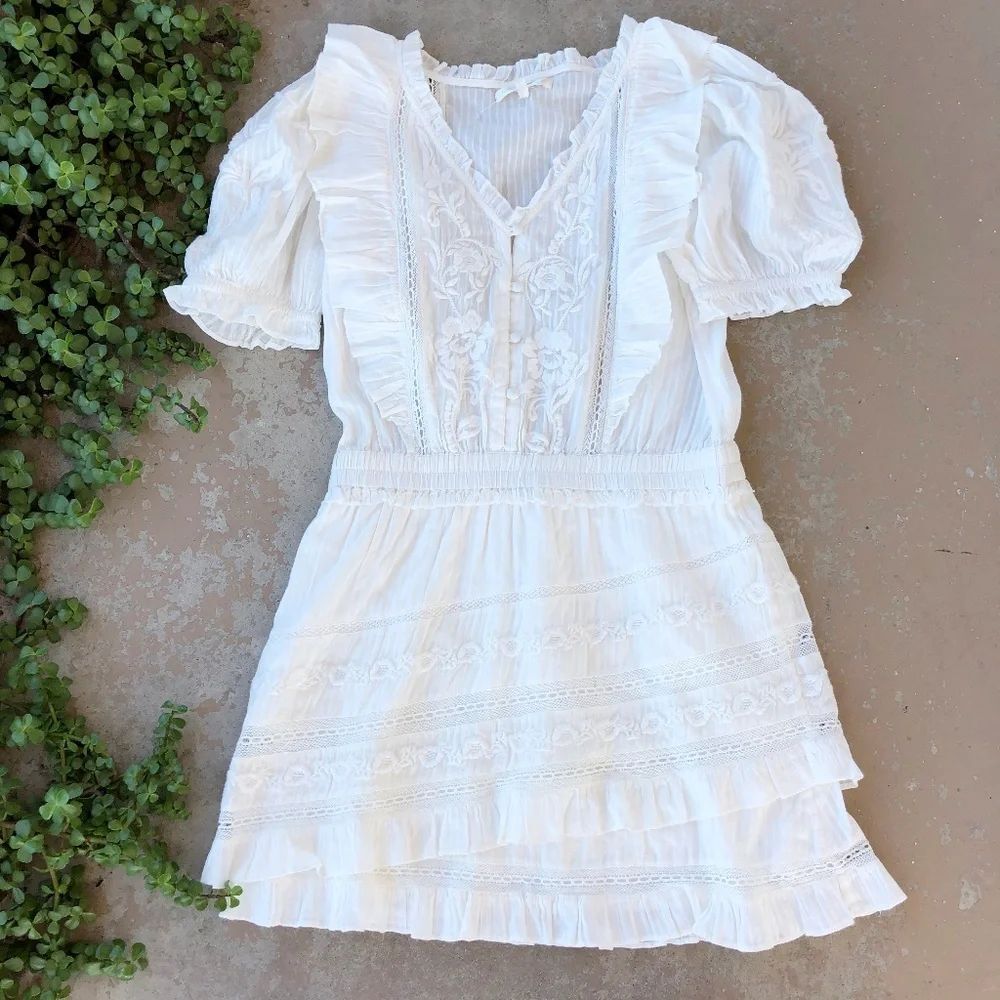 LoveShackFancy White Embroidered Ruffled Mini Dress